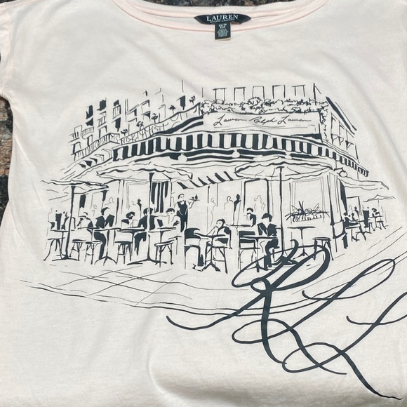 Lauren Ralph Lauren Light Pink Graphic Tee - Paris Coffee Scene. XS. LIKE NEW! - Picture 6 of 6